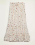 Off-White Floral Drawstring Tiered Ruffle Cotton Maxi Skirt