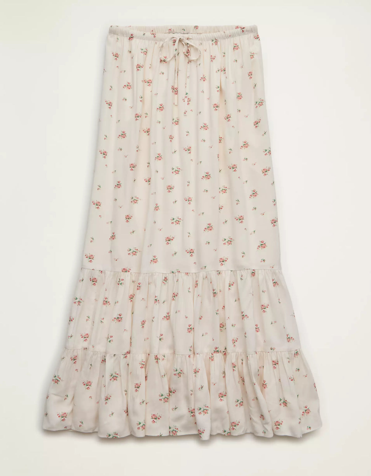 Off-White Floral Drawstring Tiered Ruffle Cotton Maxi Skirt