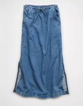 Medium Wash Denim Elastic Drawstring Side Slit Drapey Cotton Maxi Skirt