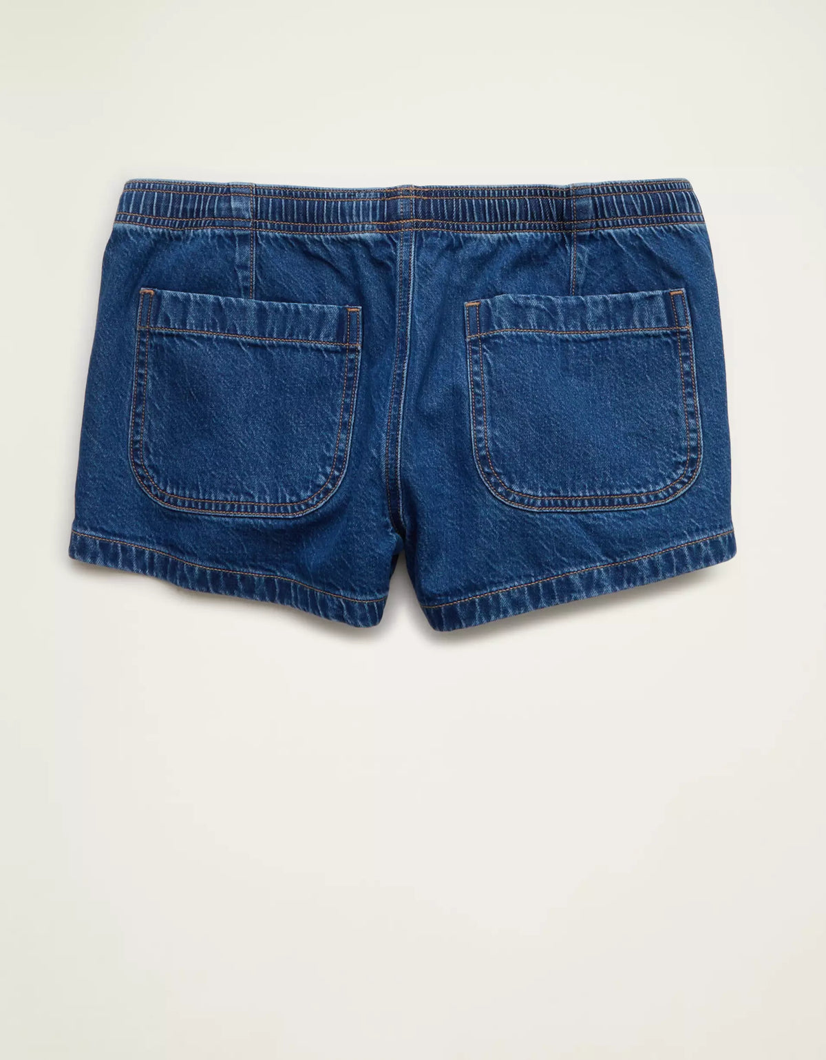 Medium Indigo Wash Super Low-Rise Drawstring Pull-On Denim Shorts