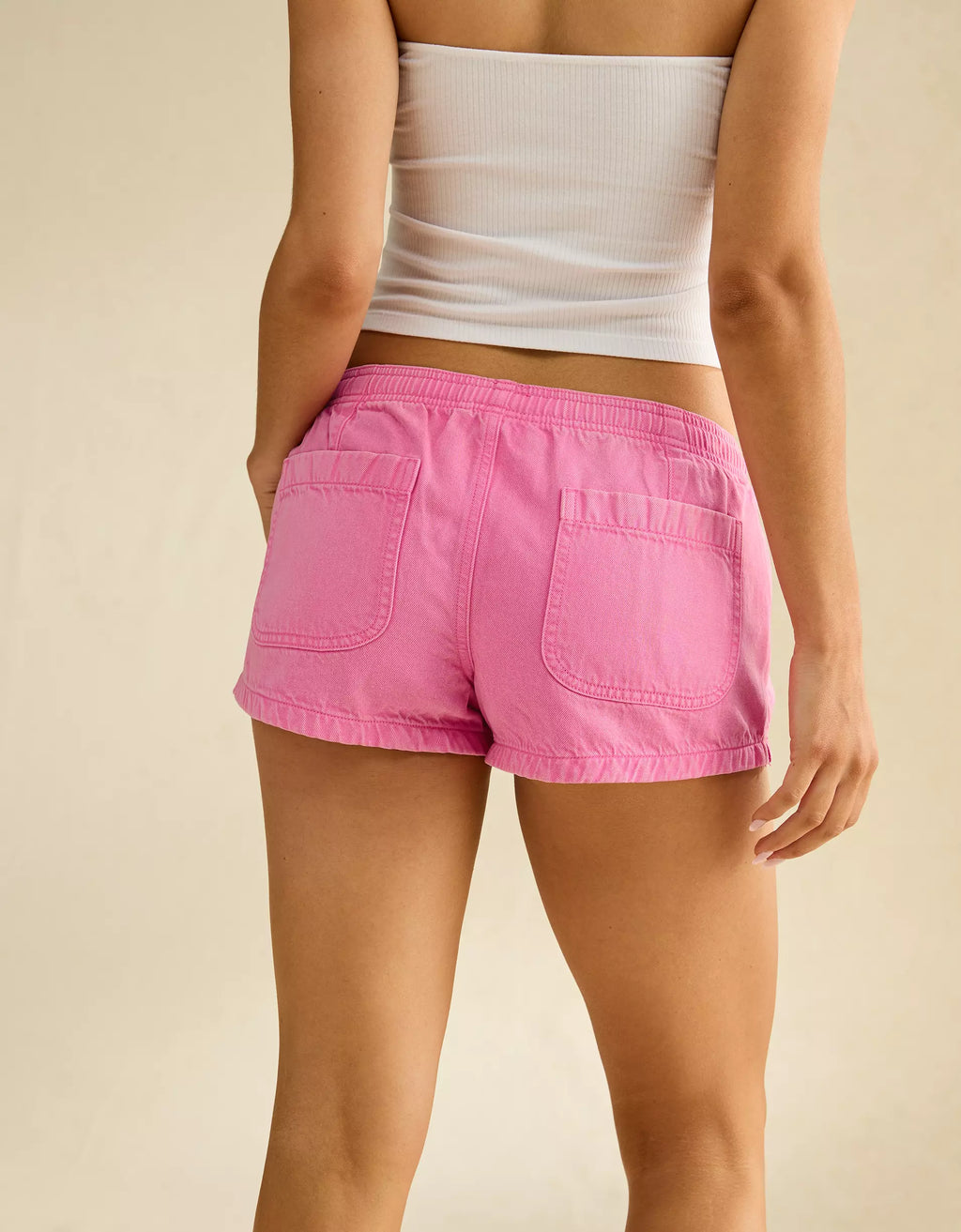 Starlet Pink Super Low-Rise Drawstring Pull-On Woven Cotton Casual Shorts
